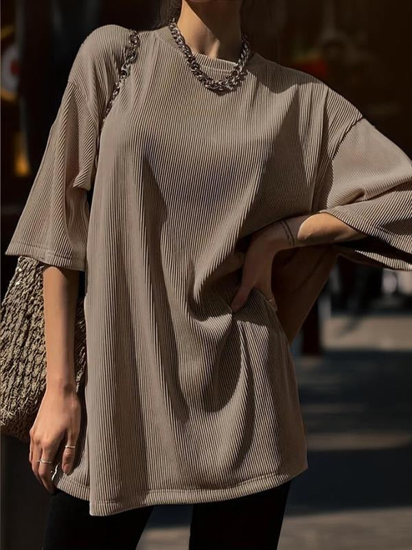 Women's Plain Textured Drop Shoulder Tee, Casual Half Sleeve Round Neck T-Shirt for Daily Wear, Ladies Clothes for All...