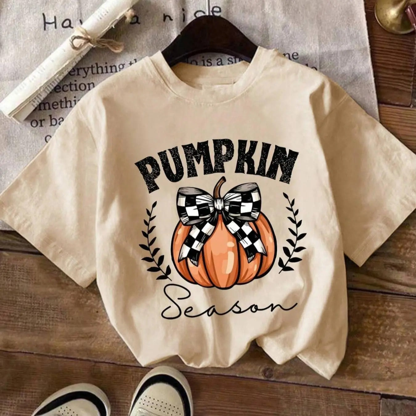 Women's Pumpkin & Letter Print Round Neck Tee, Casual Short Sleeve Crew Neck T-shirt for Summer, Fashion Women's Top for...