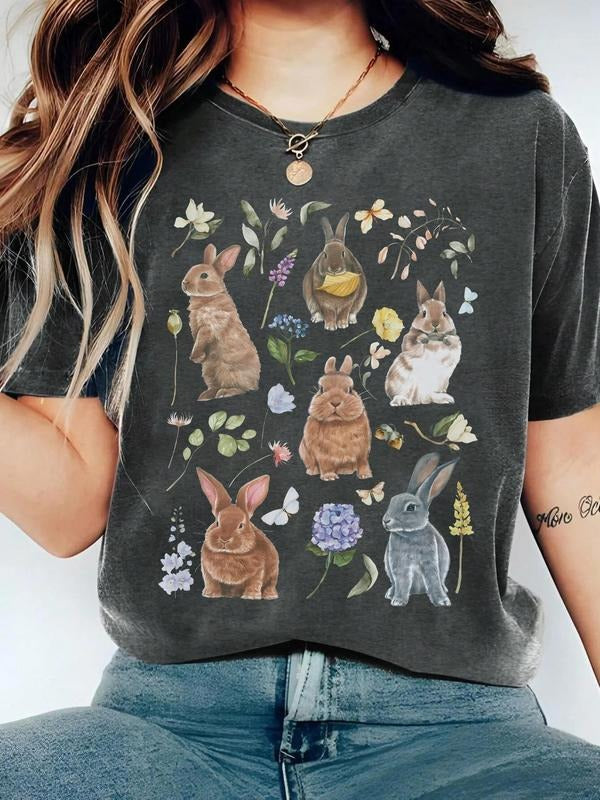 Women's Rabbit & Flower Print Round Neck Tee, Casual Short Sleeve Crew Neck T-shirt for Summer, Fashion Women's Top for...