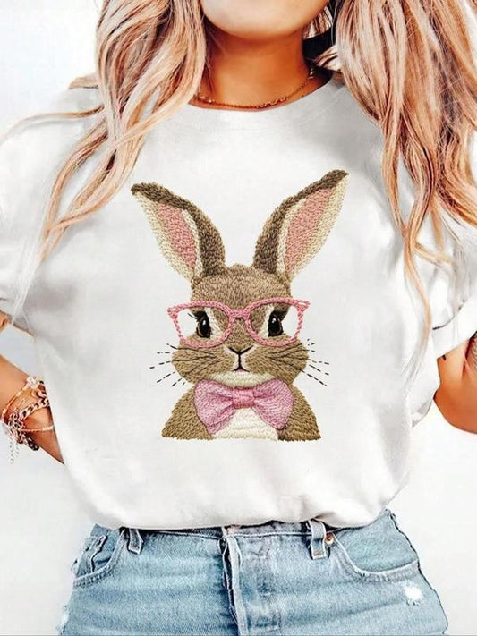 Women's Rabbit Print Round Neck Tee, Vintage Trendy Casual Short Sleeve T-shirt for Daily Wear, Ladies Summer Top