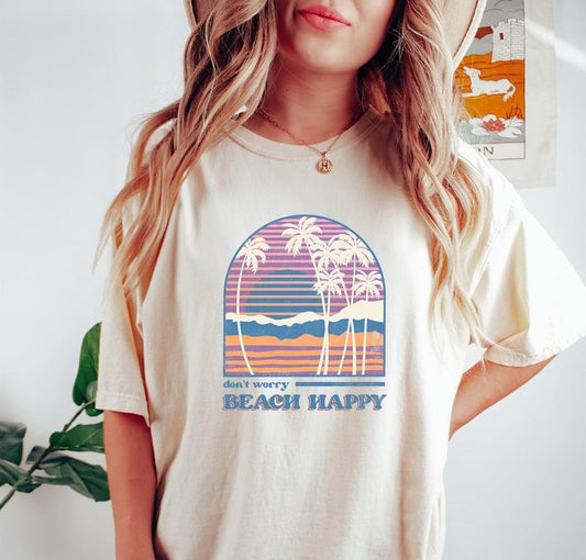Women's Retro Don't Worry Beach Happy T-shirt Retro Vintage T Shirt Oversized T Shirt Oversized Tee Handmade Clothing Summer T Shirt