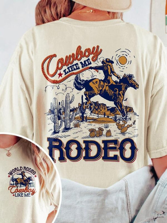 Women's Rodeo & Landscape & Letter Print Round Neck Graphic Tee, Vintage Trendy Casual Drop Shoulder Short Sleeve T-shirt for Daily Wear, Ladies Summer Outfit