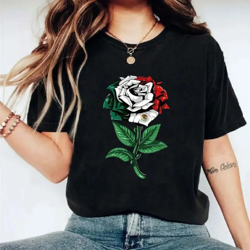 Women's Rose & Mexican Flag Print Round Neck Tee, Mexico Floral Shirt, Unisex Short Sleeve Tee Shirt, Casual Clothing