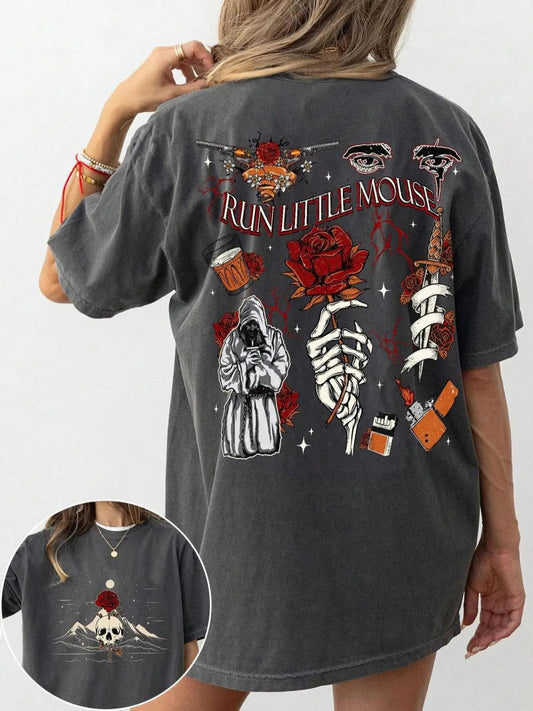 Women's Rose & Skeleton Print Round Neck Tee, Halloween Vintage Trendy Casual Short Sleeve T-shirt for Daily Wear, Ladies Summer Outfit
