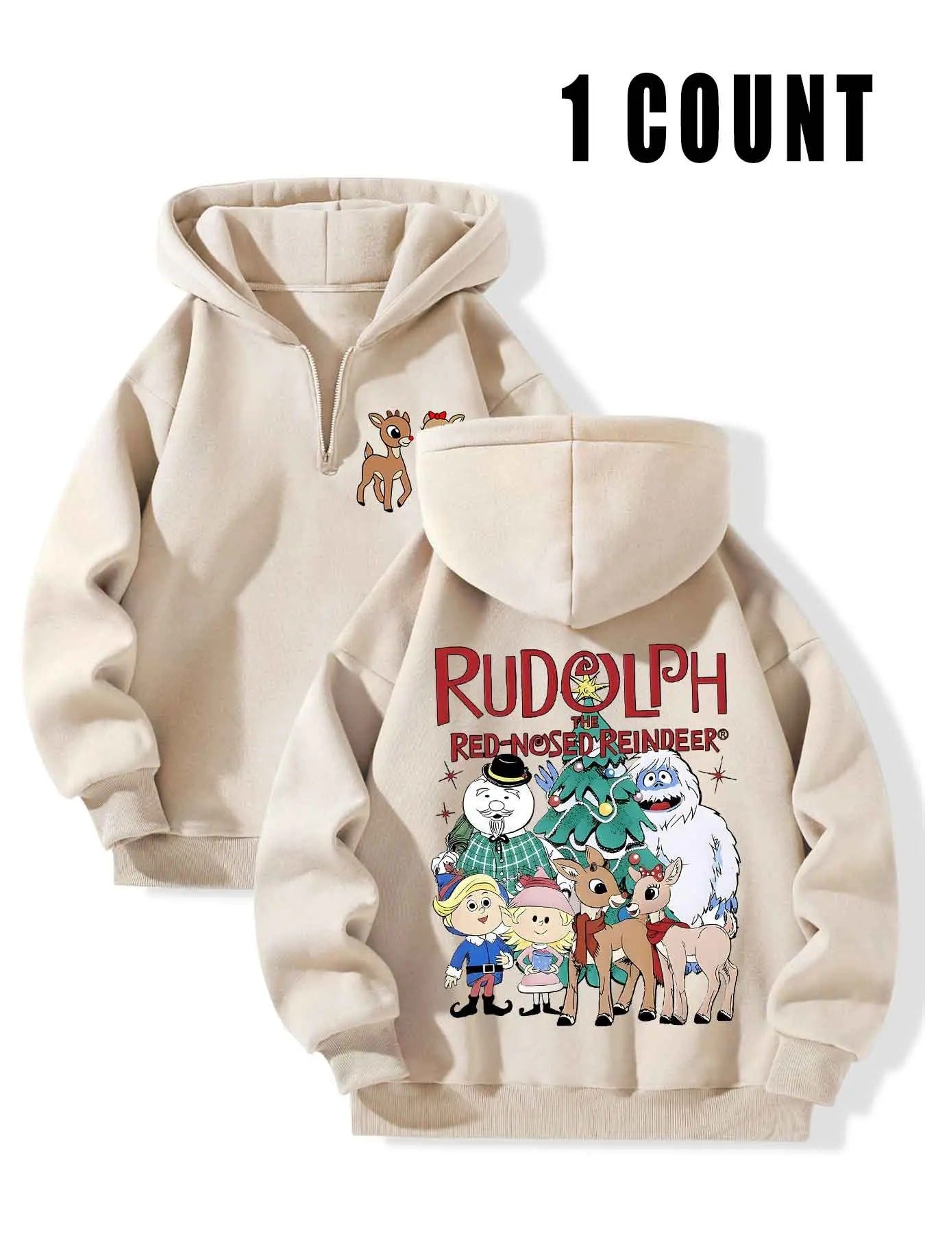 Women's Rudolph & Letter Print Zip Up Hoodie, Casual Long Sleeve Hooded Sweatshirt for Fall & Winter, Women's Clothes for...