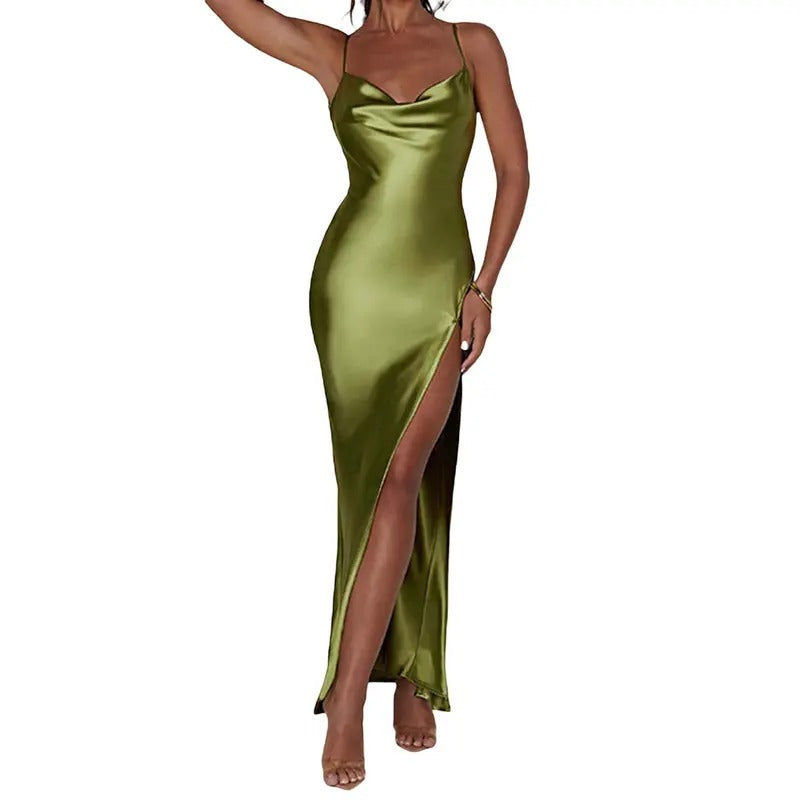 Women's Satin Bodycon Long Dress Spaghetti Strap Cowl Neck Midi Dress High Split Party Dress Elegant Formal