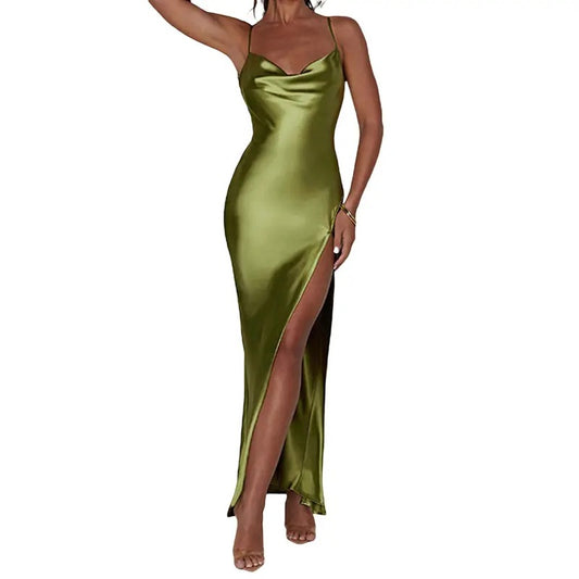 Women's Satin Bodycon Long Dress Spaghetti Strap Cowl Neck Midi Dress High Split Party Dress Elegant Formal