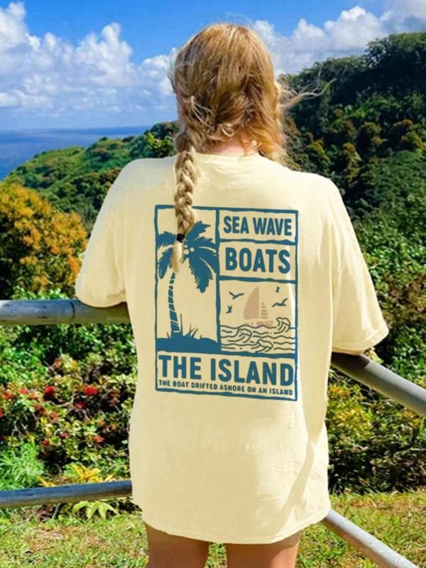 Women's Sea Wave Print Round Neck Tee, Casual Short Sleeve Crew Neck T-shirt for Summer, Fashion Women's Top for Daily...
