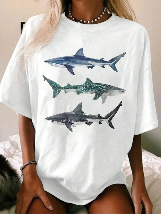 Women's Shark Print Round Neck Graphic Tee, Vintage Trendy Casual Drop Shoulder Half Sleeve T-shirt for Daily Wear, Ladies Outfit for Summer