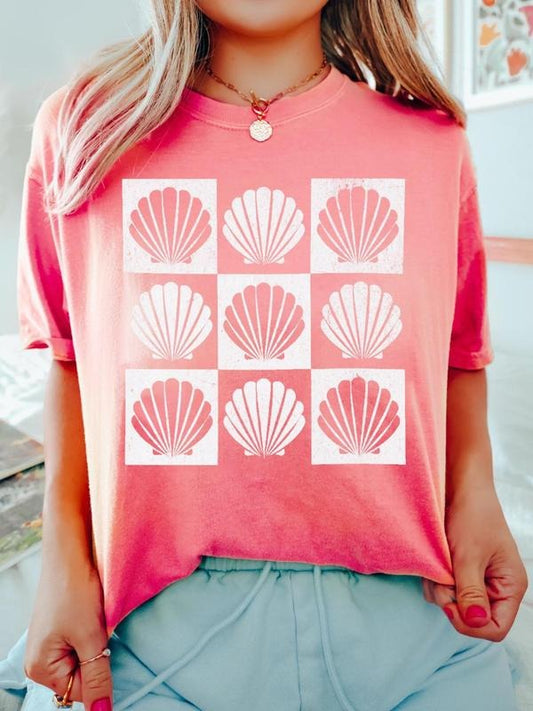 Women's Shell & Starfish Print Round Neck Graphic Tee, Vintage Trendy Casual Figure Graphic Short Sleeve T-shirt for Daily Wear, Ladies Summer Outfit, Top