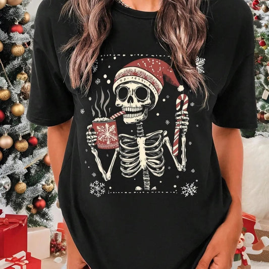 Women's Skeleton & Coffee Print Drop Shoulder Tee, Casual Letter Graphic Short Sleeve Round Neck T-Shirt for Fall & Winter, Women's Top for Daily Wear