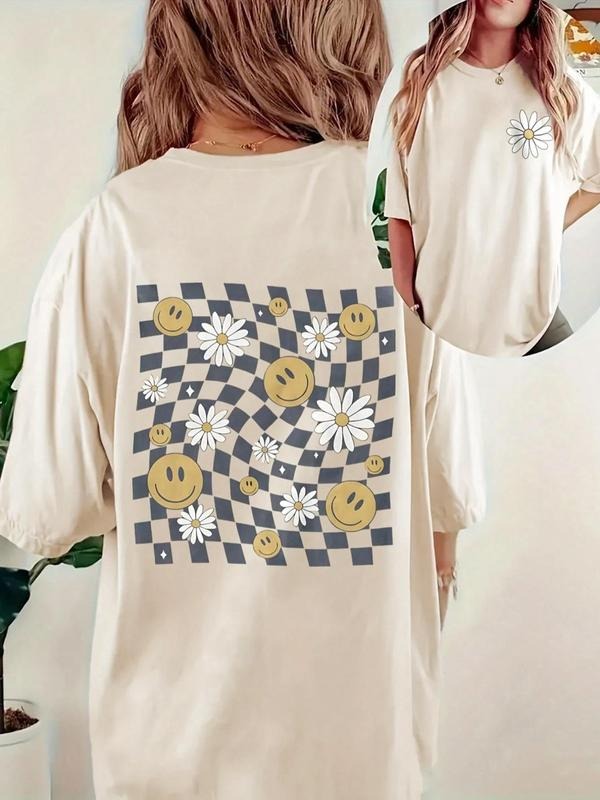 Women's Smile Face & Checkerboard Print Round Neck Tee, Casual Short Sleeve Crew Neck T-shirt for Summer, Fashion Women's...