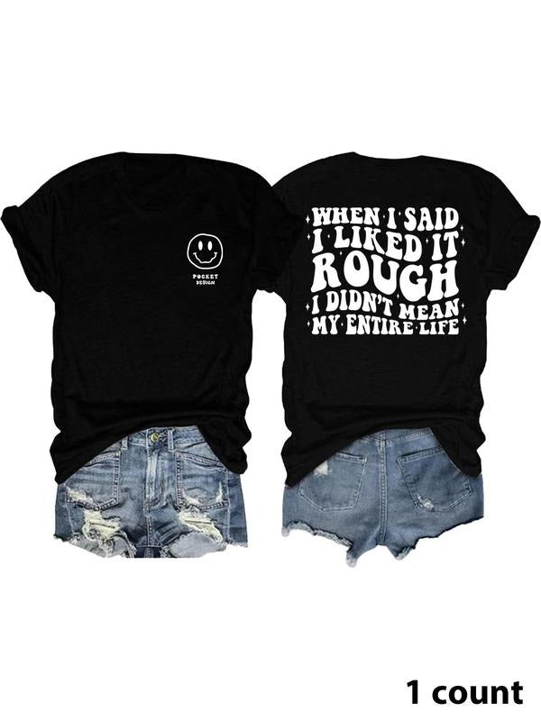Women's Smile Face & Letter Print Round Neck Tee, Trendy Casual Crew Neck Short Sleeve T-shirt for Daily Wear, Ladies Summer Outfit
