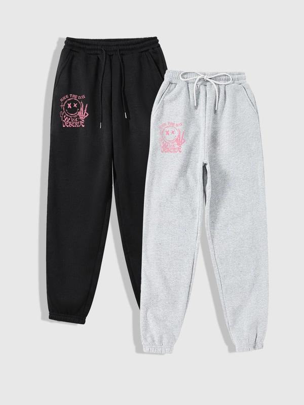 Women's Smile Face Print Drawstring Waist Thermal Lined Jogger Pants, Casual Elastic Waist Pocket Trousers for Fall &...