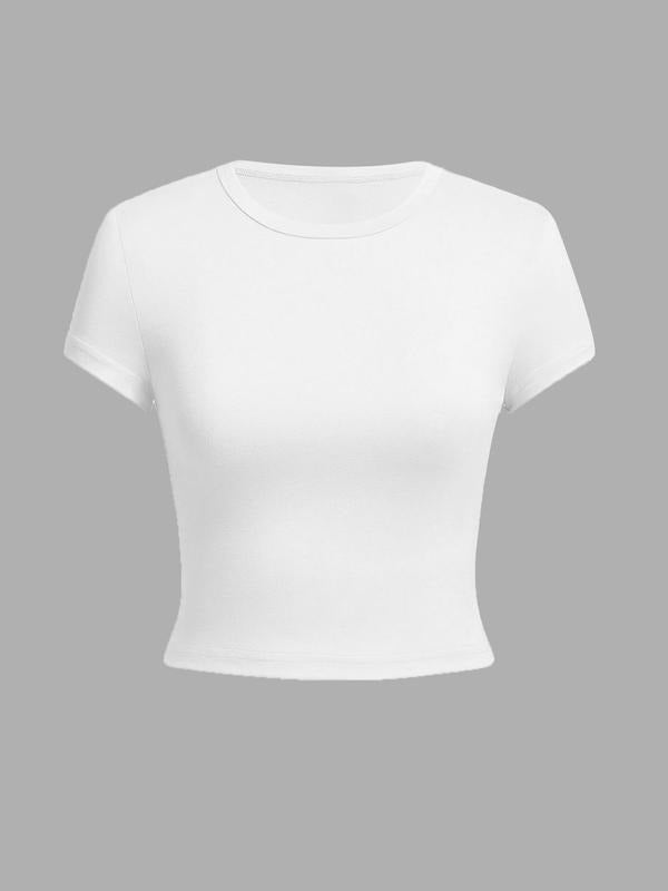 Women's Solid Color Crop Tee, Casual Short Sleeve Round Neck T-shirt for Summer, Ladies Clothes for Daily Wear, Top...
