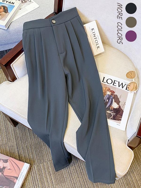 Women's Solid Color Plicated Wide Leg Pants, Casual Comfy Button Fly Trousers for Spring & Fall, Women's Bottoms for...