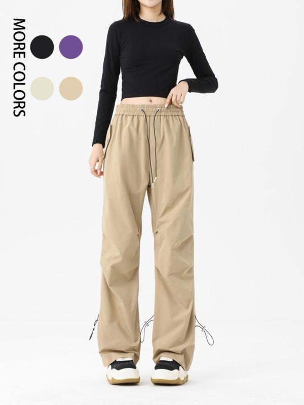 Women's Solid Drawstring Waist Cargo Pants, Casual Pocket Trousers for Fall & Winter, Women's Bottoms for Daily Wear...