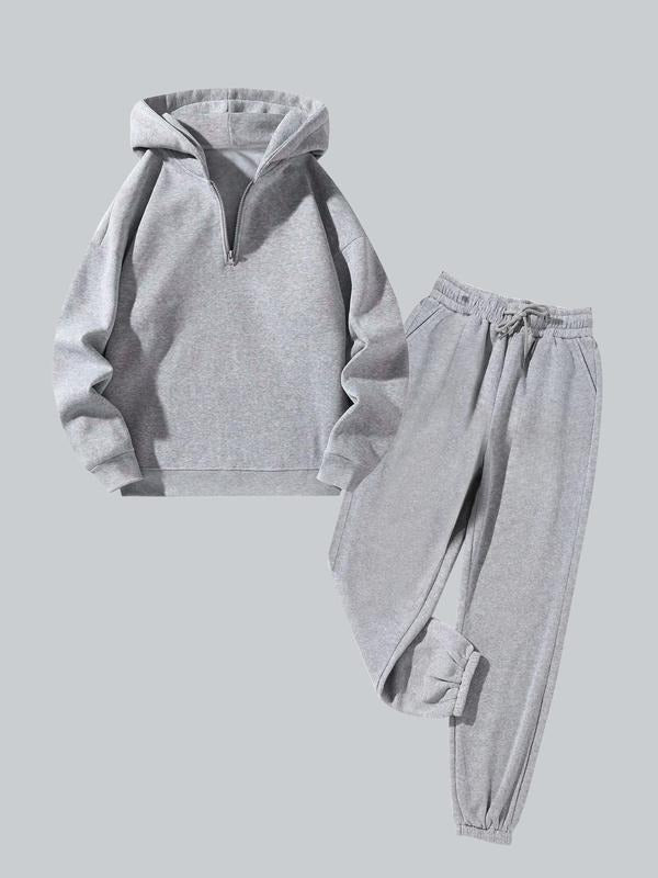Women's Solid Drop Shoulder Half Zipper Thermal Lined Hoodie & Sweatpants Two-piece Set, Casual Fashion Cozy Breathable...