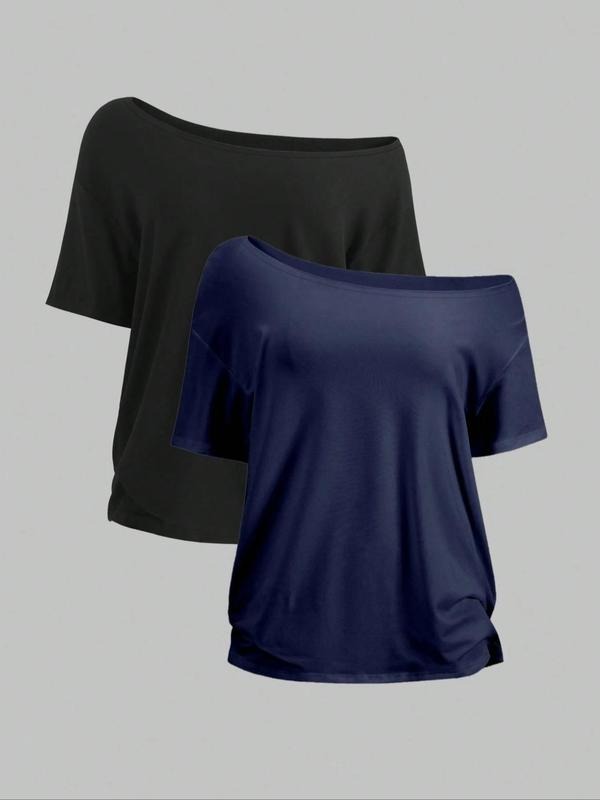 Women's Solid Off Shoulder Tee, Casual Fashion Ribbed T-shirt for Summer, Ladies Clothes for Daily Wear, Top Hoodie,...