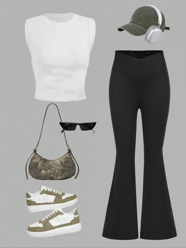 Women's Solid Tank Top & Wide Leg Pants Set, Casual Sleeveless Top & Palazzo Pants for Summer, Ladies Clothes for Daily...