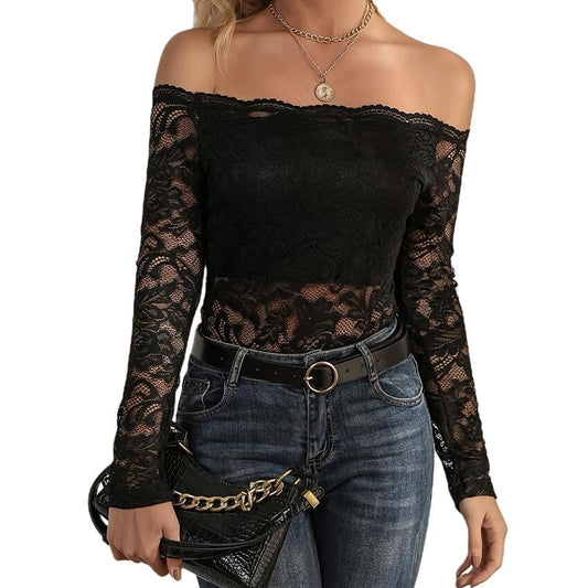 Women's Spring Sheer Blouses Long Sleeve Off Shoulder Trendy Lace Party T-shirts