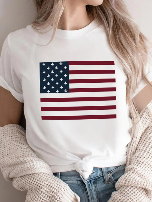 Women's Star & Striped Print Round Neck Tee, Casual Short Sleeve Crew Neck T-Shirt for Summer, Fashion Women's Top for Daily Wear