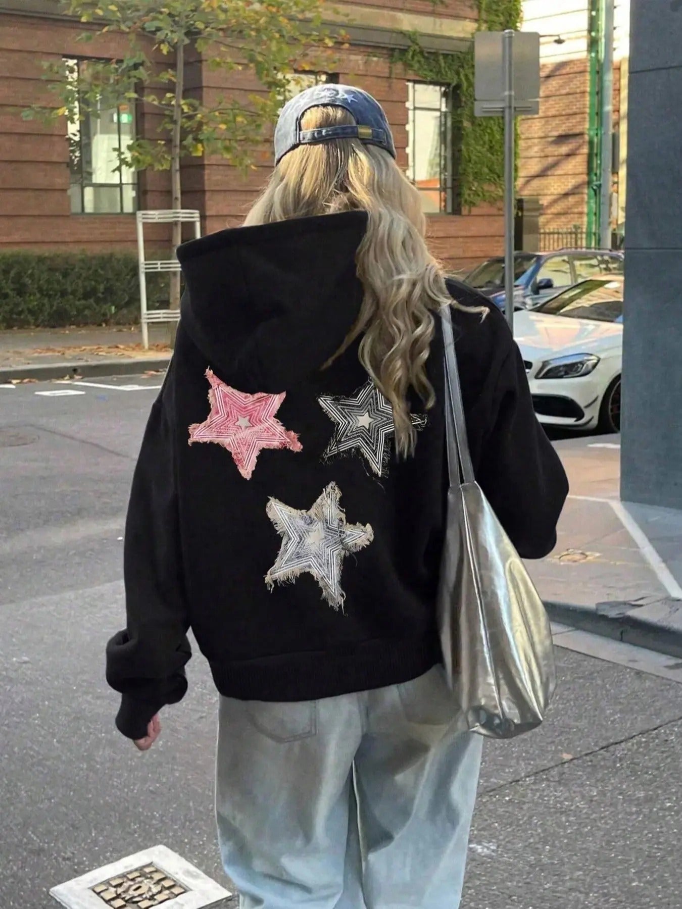 Women's Star Patched Drop Shoulder Hoodie, Fashion Casual Drawstring Pocket Hooded Sweatshirt for Daily Holiday Outdoor...