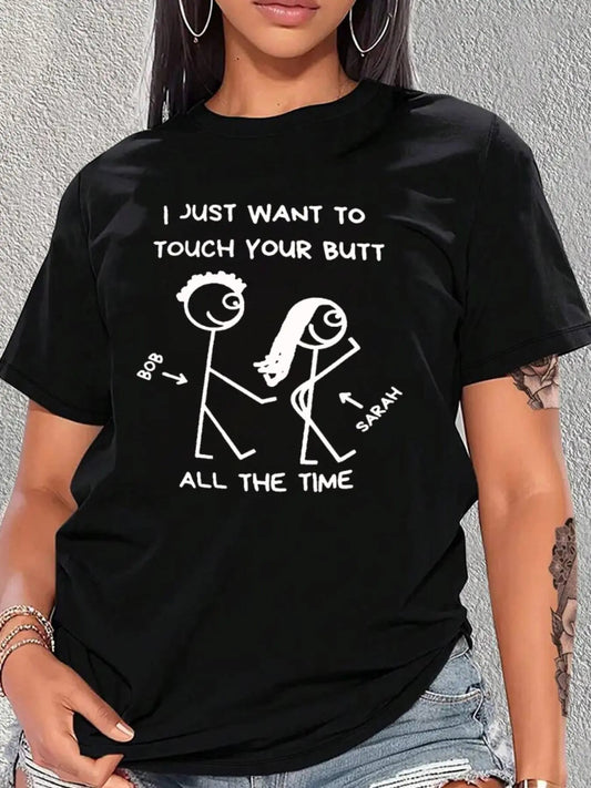 Women's Stick Figure & Letter Print Round Neck Tee, Trendy Casual Short Sleeve T-shirt for Daily Wear, Ladies All Seasons Outfit