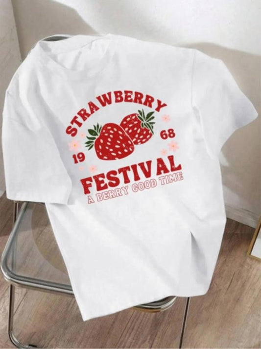 Women's Strawberry & Letter Print Round Neck Tee, Casual Short Sleeve Crew Neck T-Shirt for Summer, Fashion Women's Top for Daily Wearstyle{n002}2