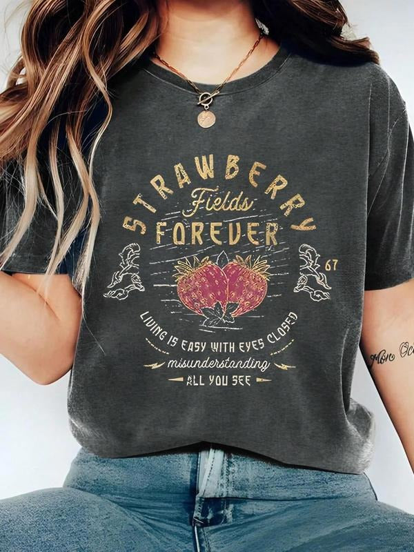 Women's Strawberry & Letter Print Round Neck Tee, Casual Short Sleeve Crew Neck T-shirt for Summer, Fashion Women's Top...