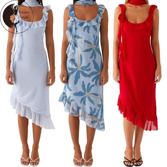Women's Summer Midi Tank Dress U Neck Ruffle Trim 3D Flower Decor Dress with Scarf