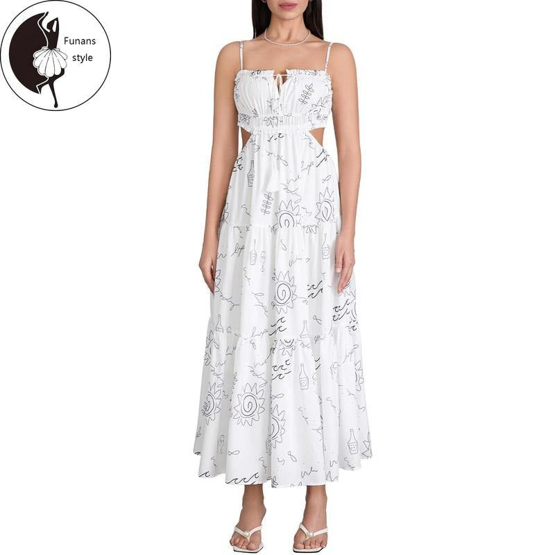 Women's Summer Slip Dress Graphic Print Spaghetti Strap Back Tie A-Line Long Dress for Beach
