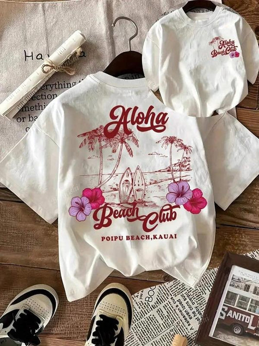 Women's Surfing & Letter Print Round Neck Graphic Tee, Vintage Trendy Casual Short Sleeve T-shirt for Daily Wear, Ladies Summer Outfit, Top