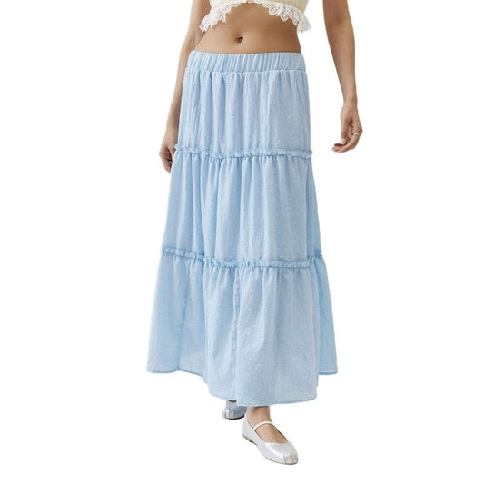 Women's Tiered Long Skirts Vintage Elastic Waist Solid Color Midi Skirts Frill Trim Skirts Womenswear Bottom