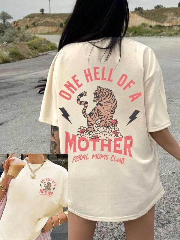 Women's Tiger & Letter Print Round Neck Tee, Vintage Trendy Casual Short Sleeve T-shirt for Daily Wear, Ladies Summer, Top