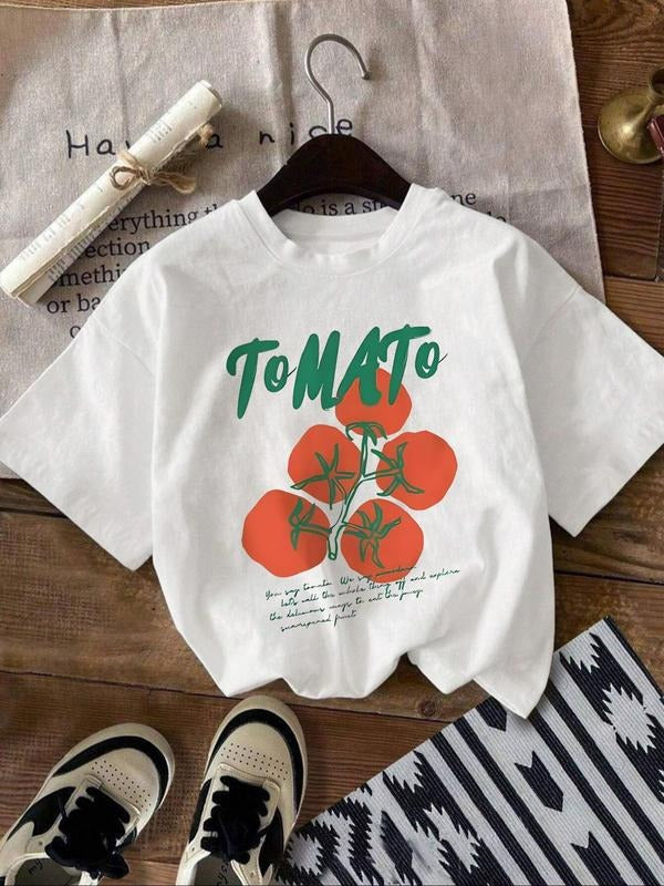 Women's Tomato Print Round Neck Tee, Casual Short Sleeve Crew Neck T-shirt for Summer, Fashion Women's Top for Daily Wear...