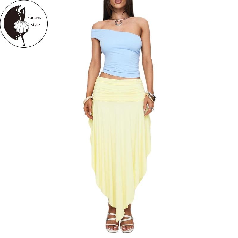 Women's Trendy Asymmetrical Skirt Solid Color High Waist Pleated Hem Long Skirt for Travel, Beach, Shopping