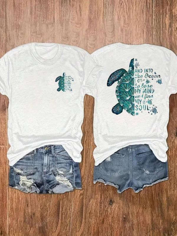 Women's Turtle & Letter Print Round Neck Tee, Casual Short Sleeve Crew Neck T-shirt for Summer, Ladies Clothes for Daily...
