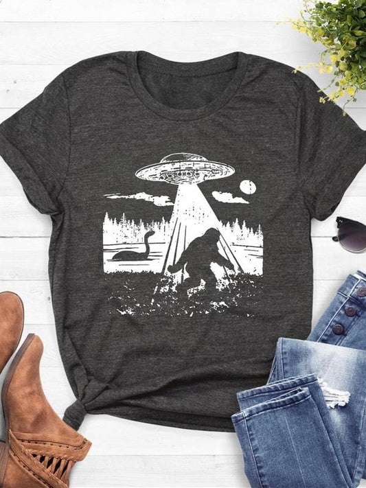 Women's UFO & Animal Print Round Neck Tee, Fashion Casual Short Sleeve T-Shirt for Daily Wear, Ladies Summer Clothes