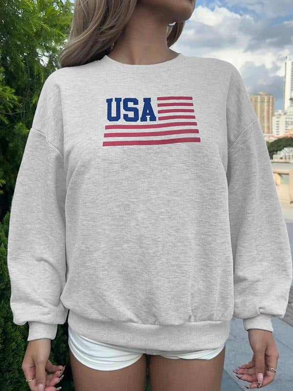 Women's USA Flag Print Drop Shoulder Sweatshirt, Casual Long Sleeve Round Neck Pullover for Daily Wear, Ladies Clothes for All Seasons