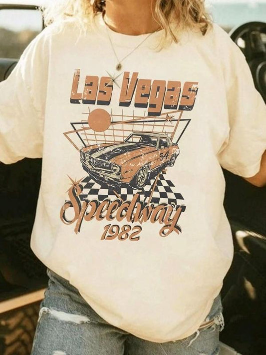 Women's Vintage Car & Figure & Letter Print Drop Shoulder Crew Neck Tee, Street Casual Fashion Round Neck Short Sleeve T-Shirt for Daily Holiday Vacation Outdoor Wear, Ladies Clothes for All Seasons Sweatshirt, Hoodie, Comfort Colors