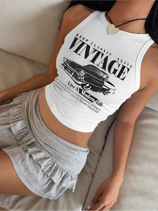 Women's Vintage Car Graphic Crop Tank Top, Casual Sleeveless Round Neck Top for Summer, Women's Top for Daily Wear