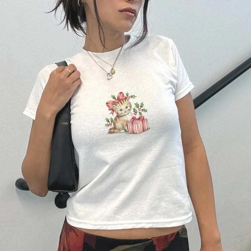Women's Vintage Cute Cat Coquette Christmas Baby Tee - Casual, Comfort Cotton Top Hoodie, Sweatshirt | DripVista.com