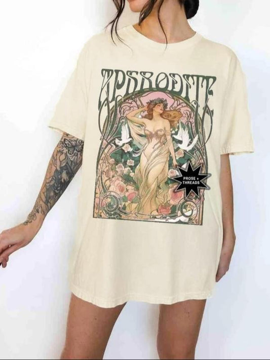Women's Vintage Figure & Floral Print Round Neck Graphic Tee, Casual Short Sleeve T-shirt for Summer, Women's Top for Daily Wear