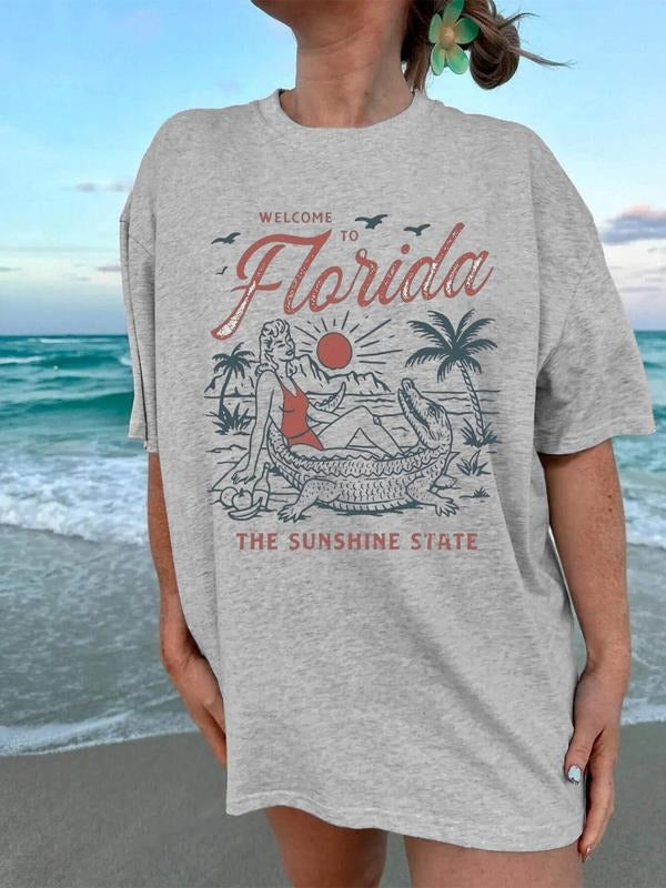 Women's Vintage Florida State Themed Round Neck Graphic Tee, Casual Trendy T-shirt for Daily Wear, Ladies All Seasons,...
