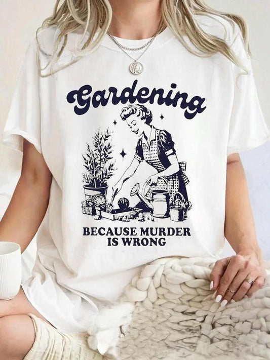 Women's Vintage Gardening Print Round Neck Tee, Casual Short Sleeve Crew Neck T-shirt for Summer, Women's Top for Daily Wear