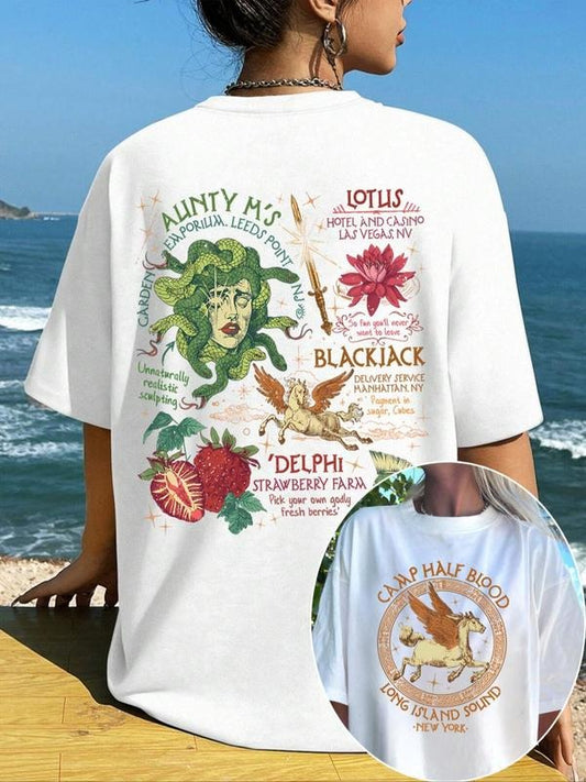 Women's Vintage Graphic Print Round Neck Tee, Casual Figure & Plant Print Short Sleeve T-shirt for Summer, Ladies Clothes for Daily Wear