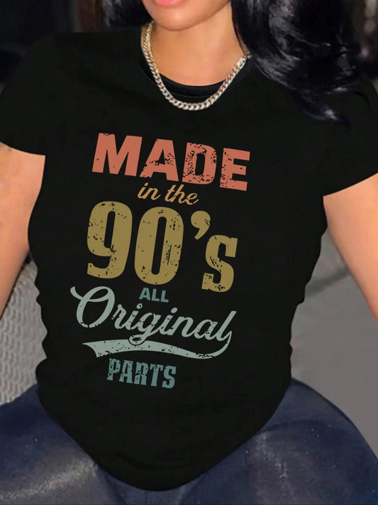Women's Vintage Letter Print Round Neck Tee, Casual Short Sleeve Crew Neck T-Shirt for Daily Wear, Ladies Clothes for All Seasons