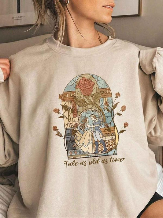 Women's Vintage Rose & Letter Print Drop Shoulder Sweatshirt, Casual Long Sleeve Round Neck Pullover for Daily Wear, Ladies Winter Clothes