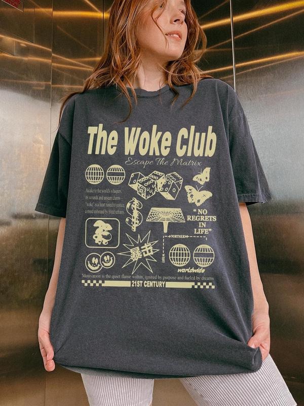 Women's Wake Up The Woke Club Round Neck Graphic Tee, Fashion Casual Short Sleeve T-shirt for Daily Wear, Ladies Summer Clothes, Top